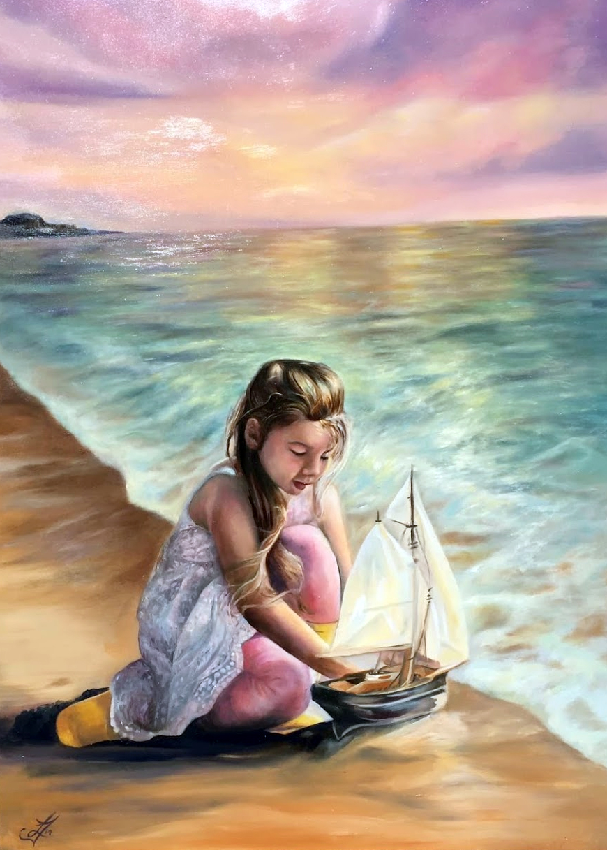 Oil painting of Child by the Sea by Loretta Thomason